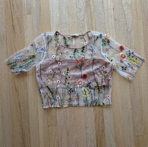 Floral Embroidered Sheer Crop Top By Morrisday The Label (Size Medium)